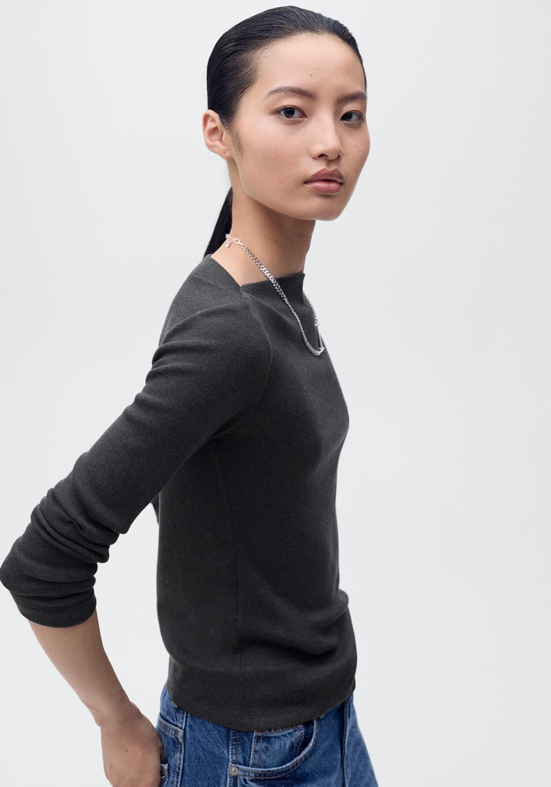 Mango Long Sleeved Boat Neck T-Shirt - Grey 1 Shaws Department Stores