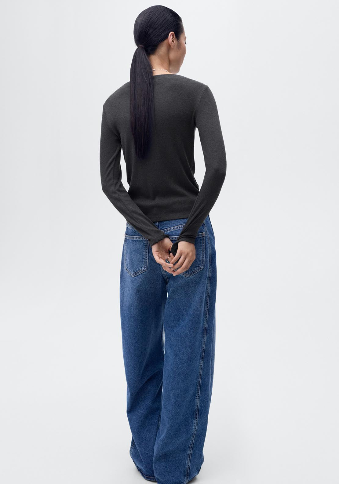 Mango Long Sleeved Boat Neck T-Shirt - Grey 2 Shaws Department Stores