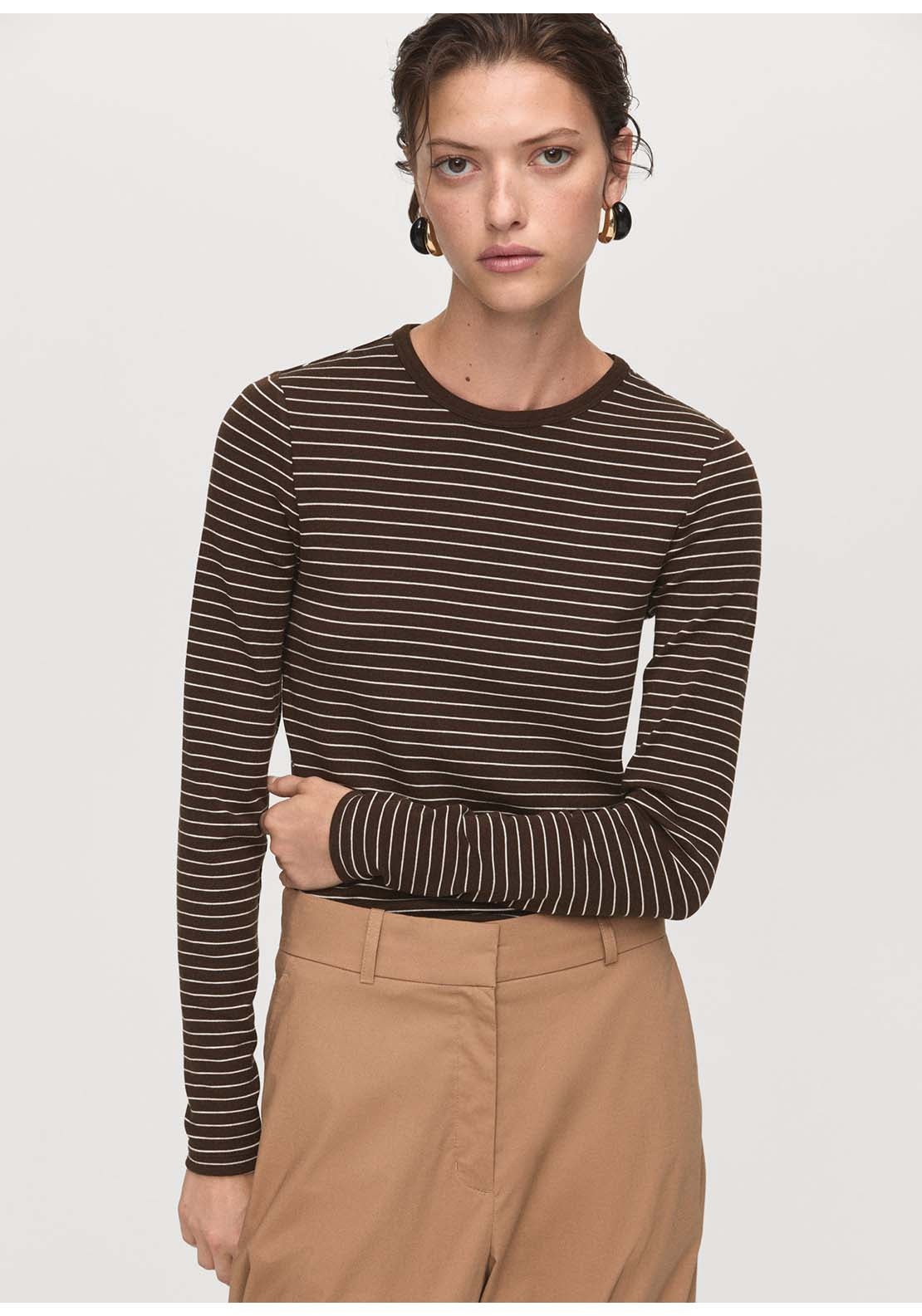 Long Sleeved Striped T-Shirt - Brown