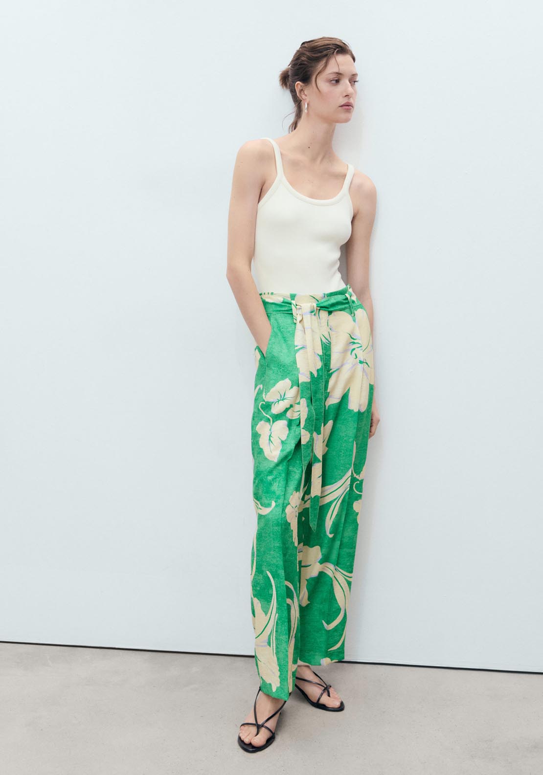 Mango Printed Trousers With Belt - Green 2 Shaws Department Stores