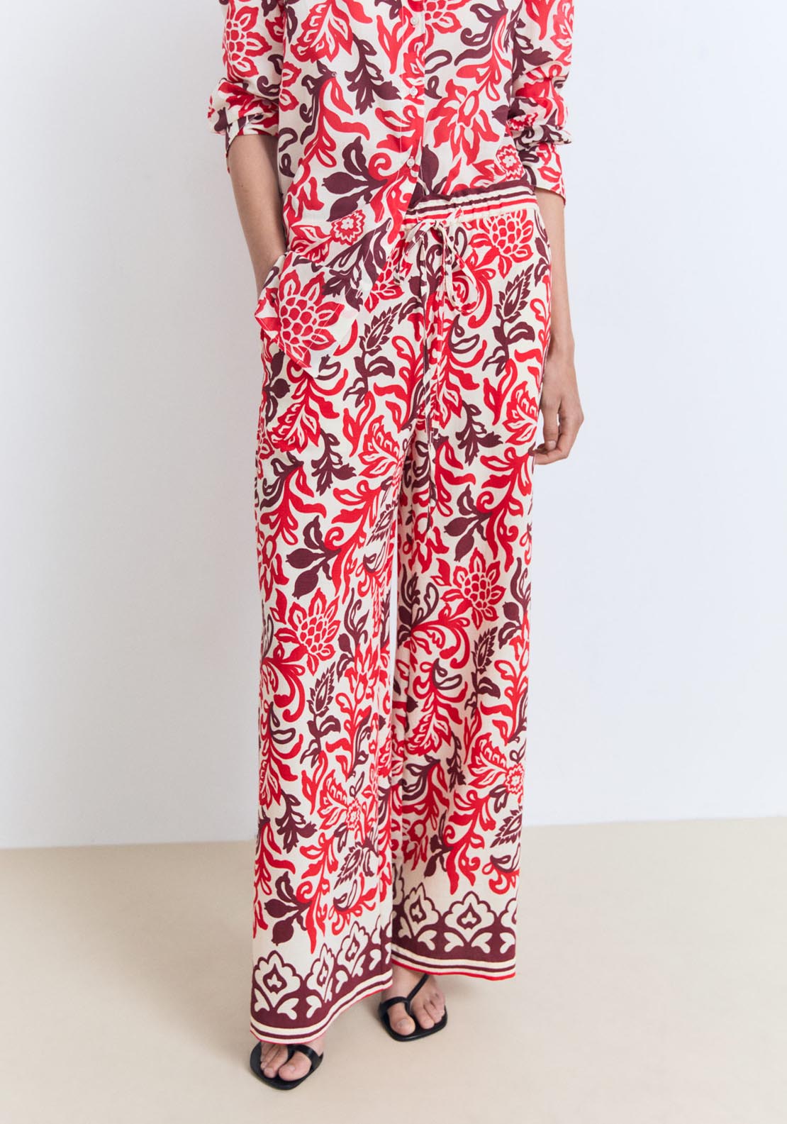 Mango Flowy Printed Trousers - Beige 1 Shaws Department Stores