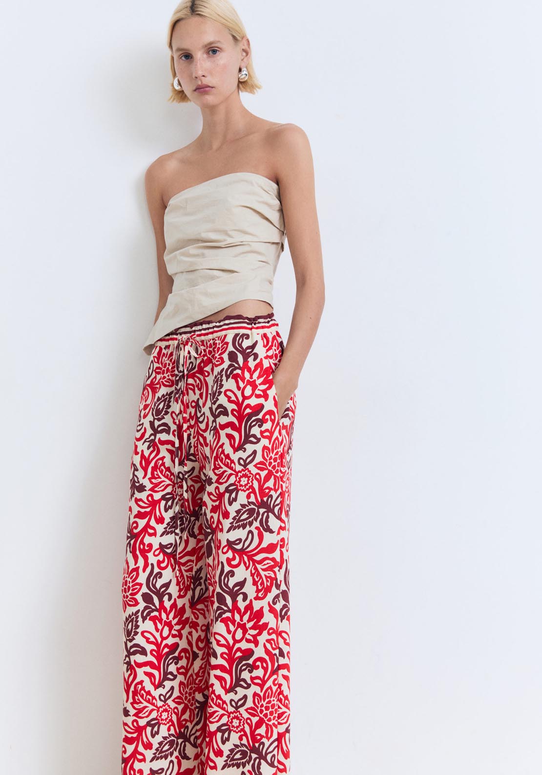 Mango Flowy Printed Trousers - Beige 3 Shaws Department Stores