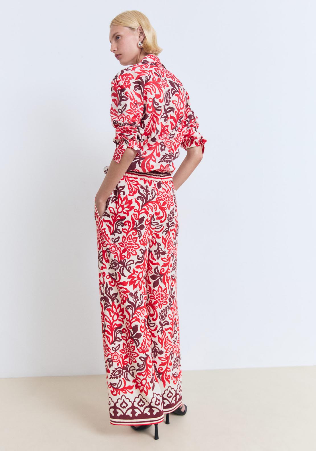 Mango Flowy Printed Trousers - Beige 2 Shaws Department Stores