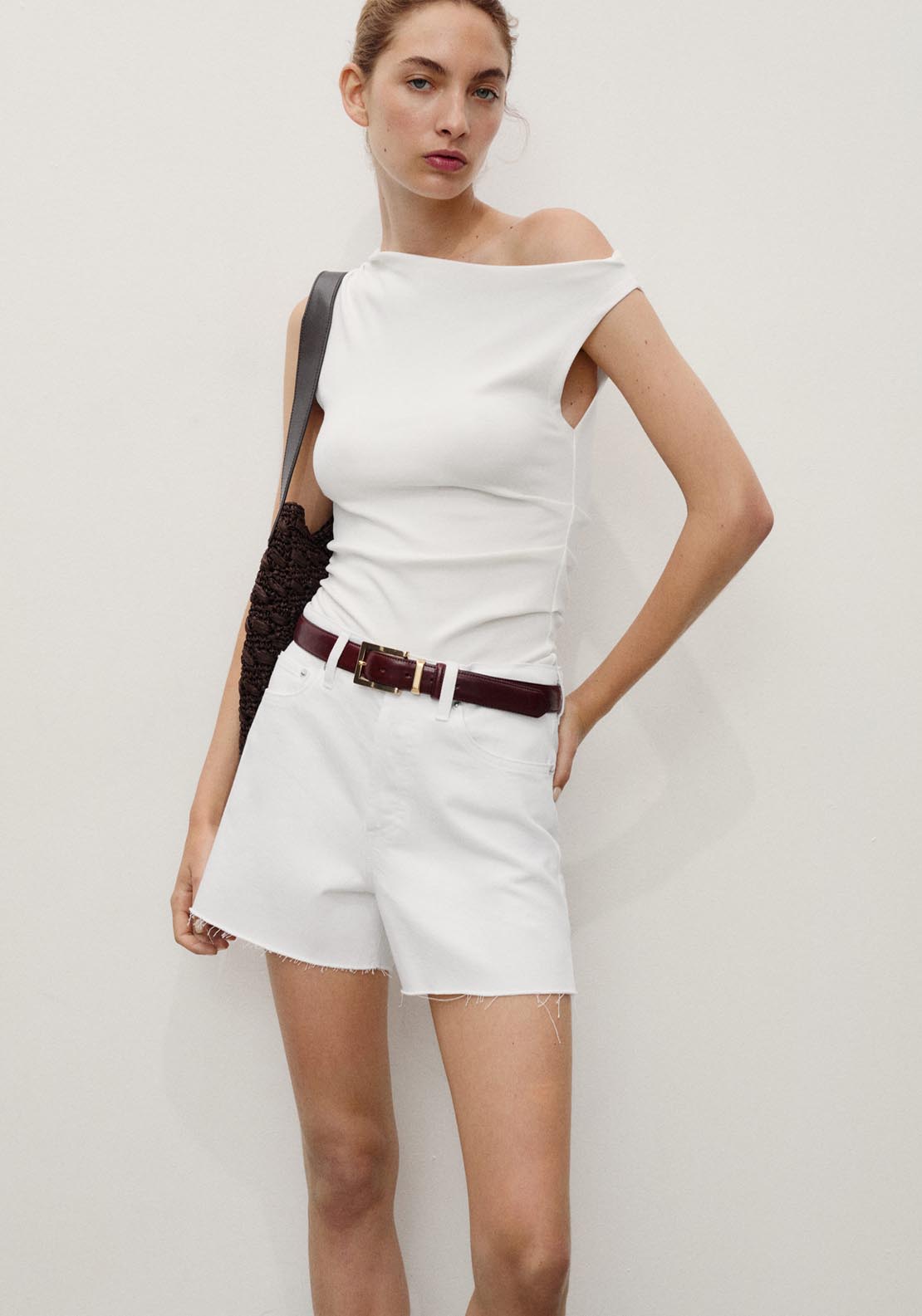 Mango Denim Shorts With Frayed Hem - White 1 Shaws Department Stores