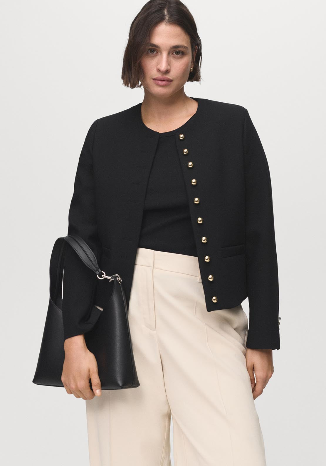 Mango Buttoned Cropped Jacket - Black 1 Shaws Department Stores