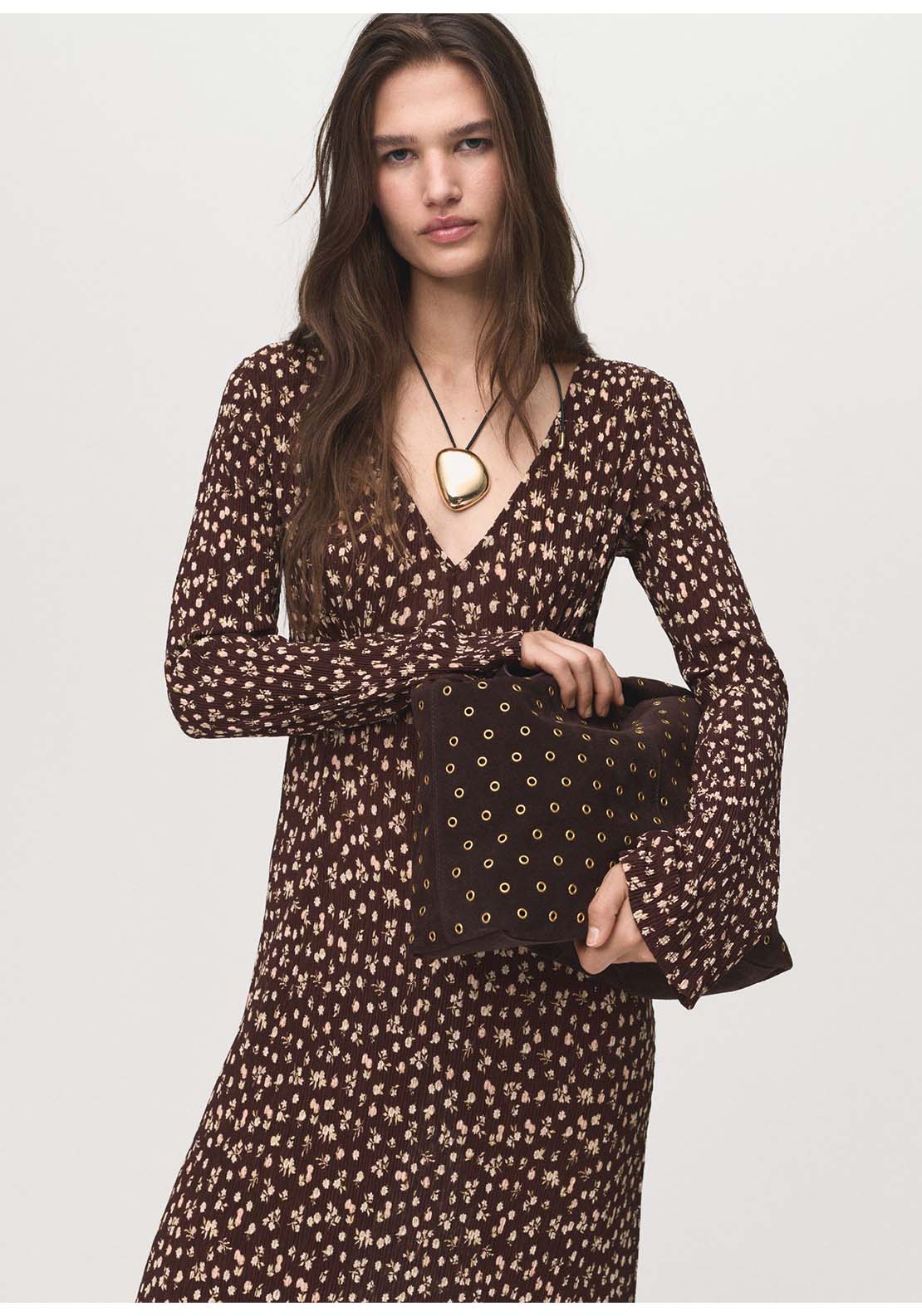 Printed V-Neck Dress - Brown