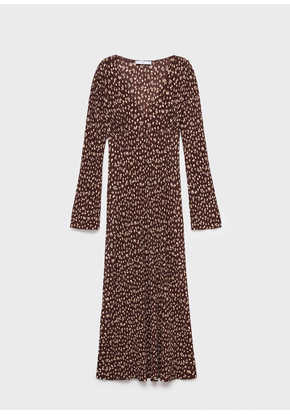 Printed V-Neck Dress - Brown