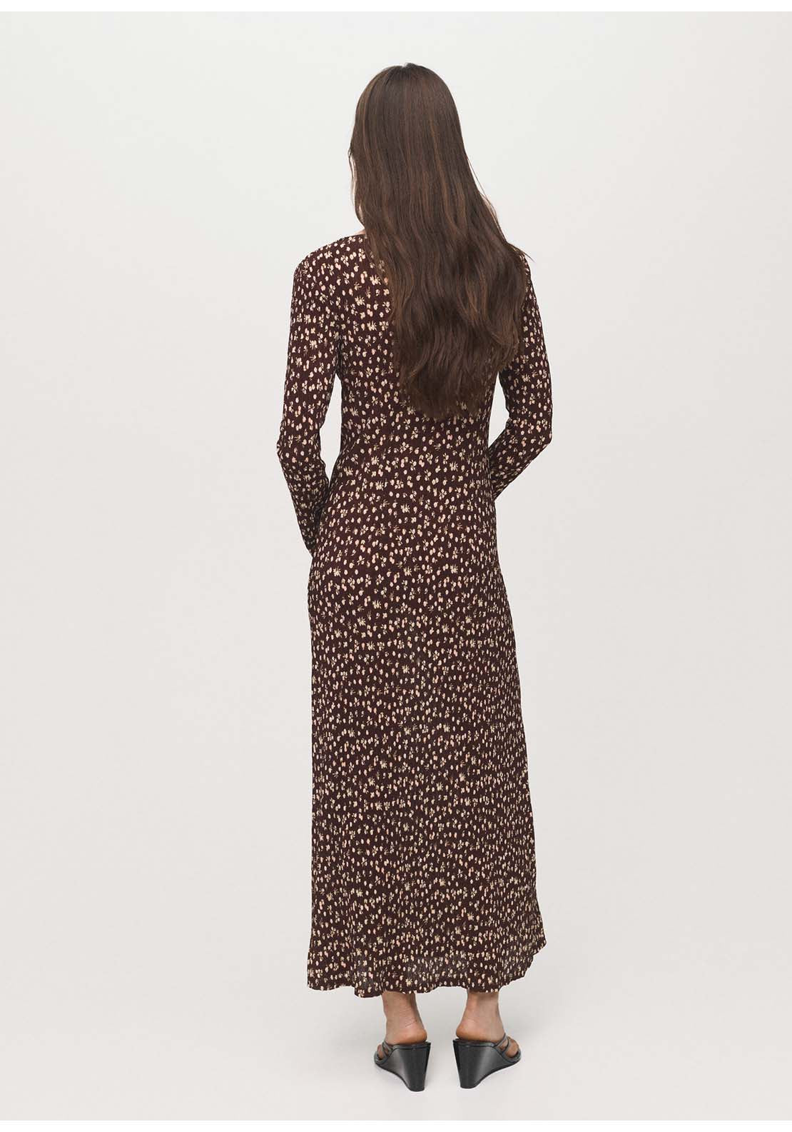 Printed V-Neck Dress - Brown