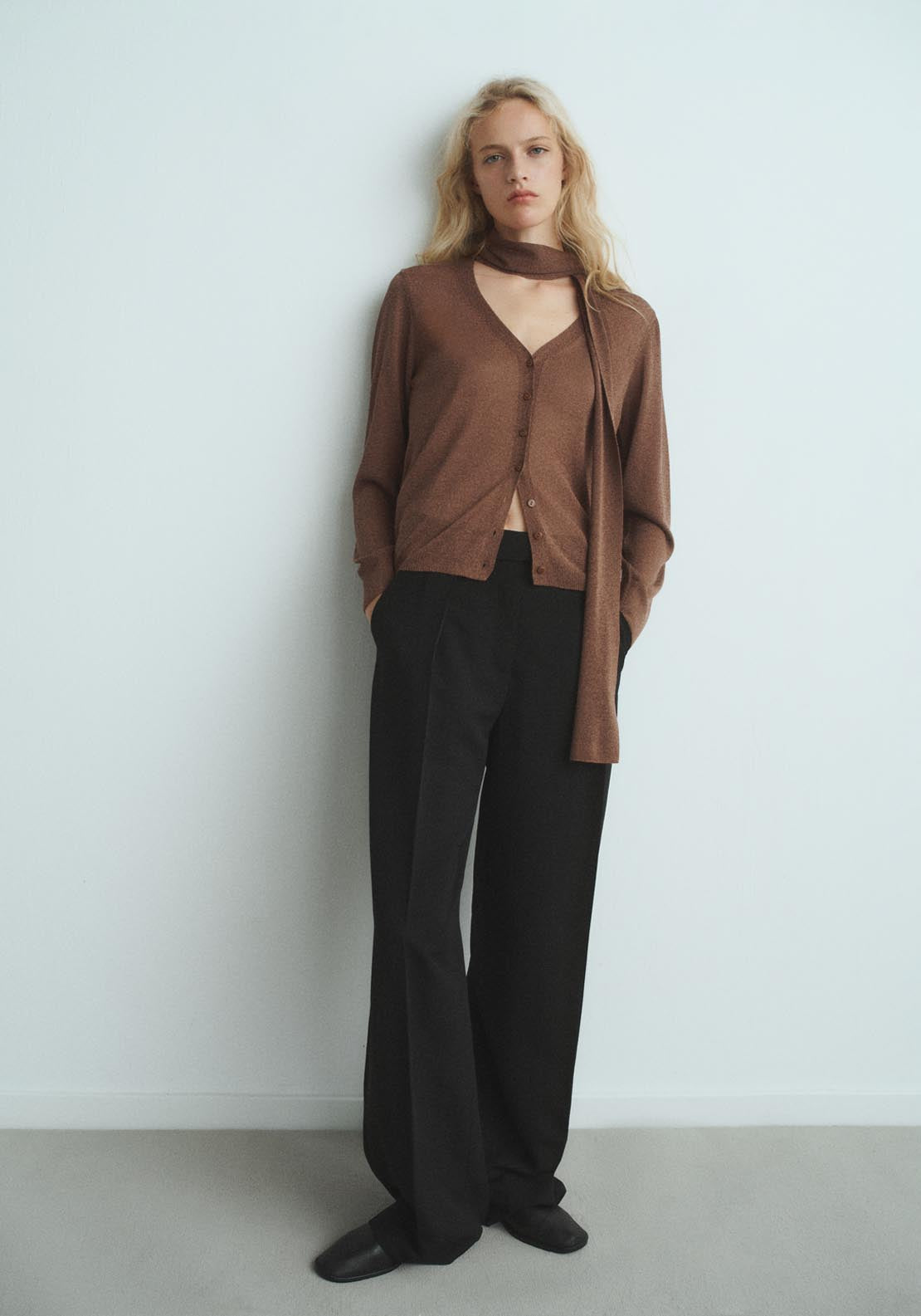 Mango Fine Knit Cardigan With Foulard - Brown 4 Shaws Department Stores