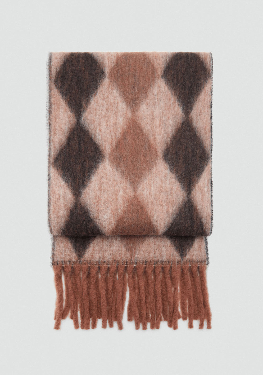 Diamond Pattern Scarf With Fringes - Brown