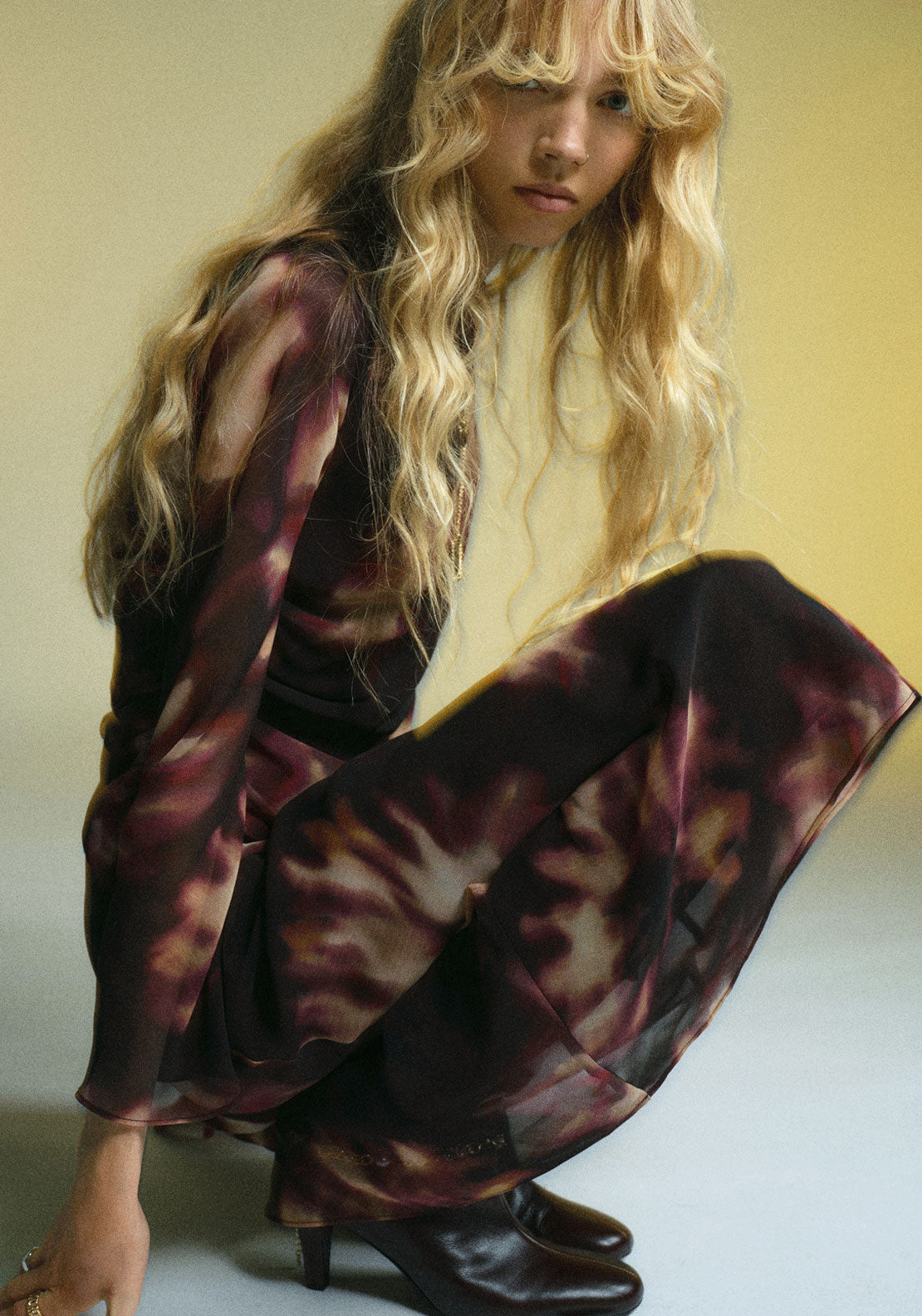 Tie Dye Ruched Dress - Burgundy