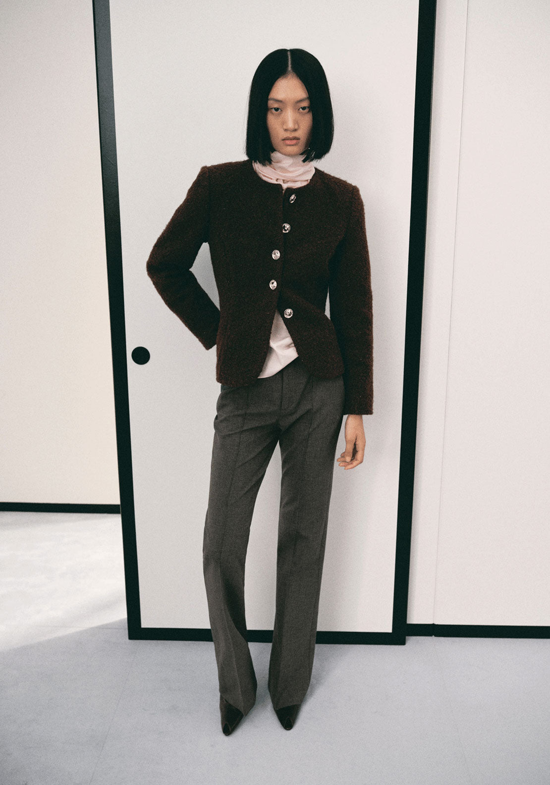 Boucle Jacket With Jewel Buttons - Brown