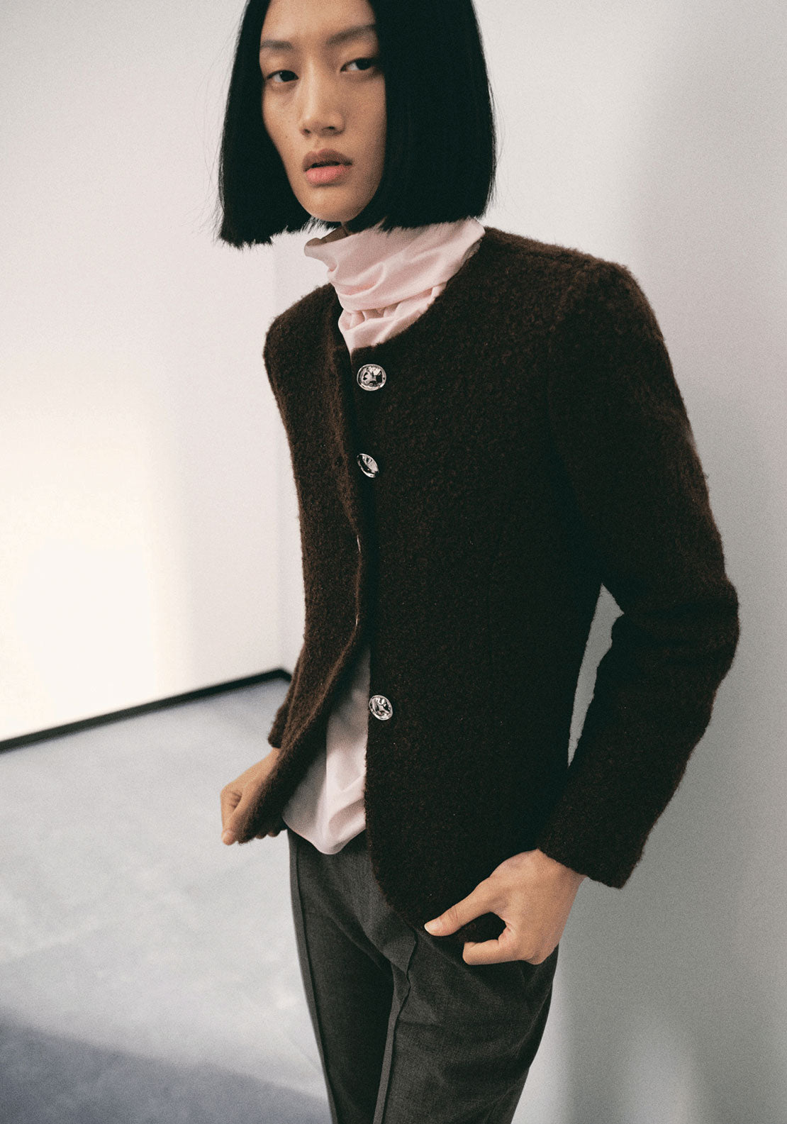 Boucle Jacket With Jewel Buttons - Brown