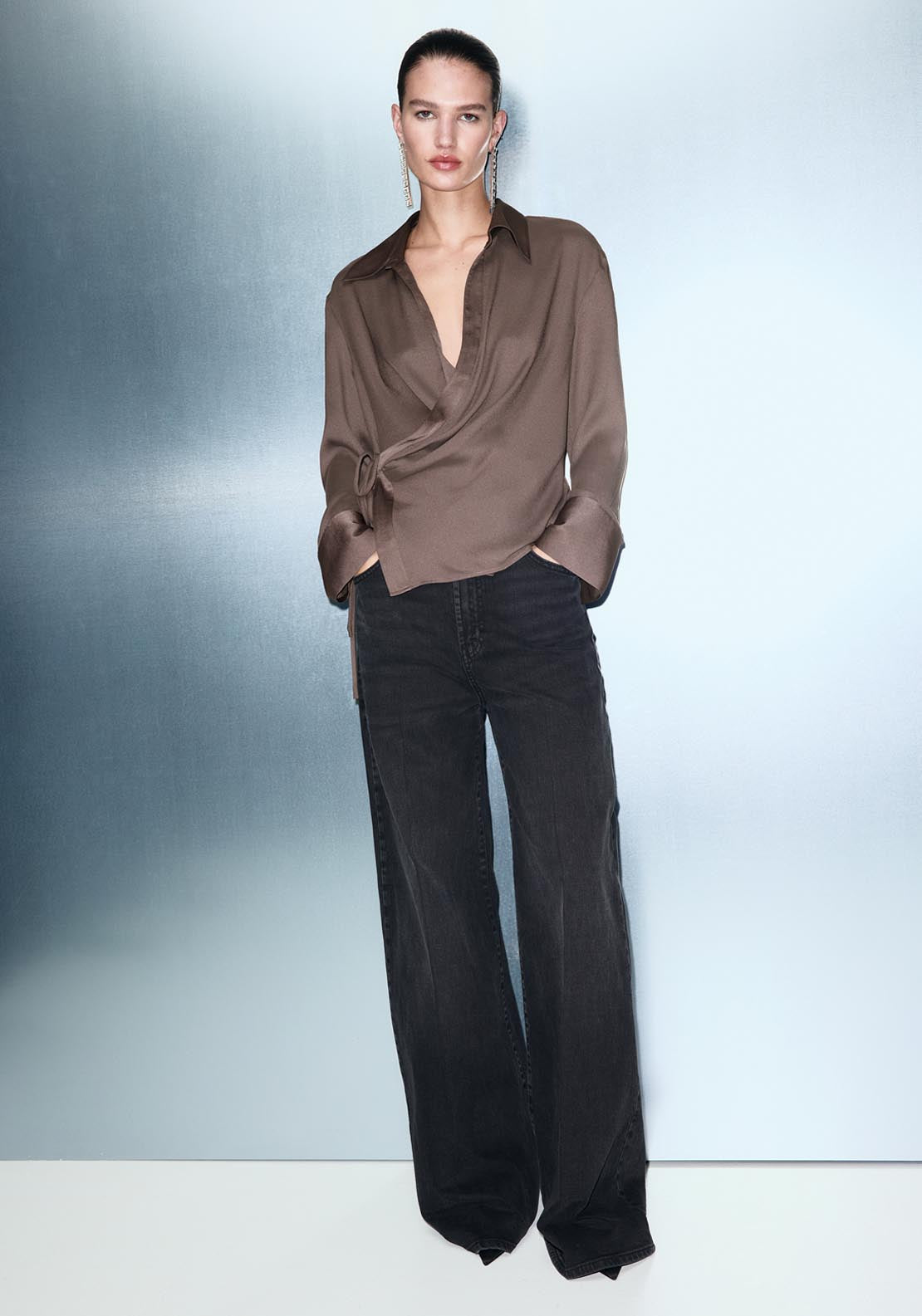 Mango Cross Over Satin Blouse - Brown 4 Shaws Department Stores