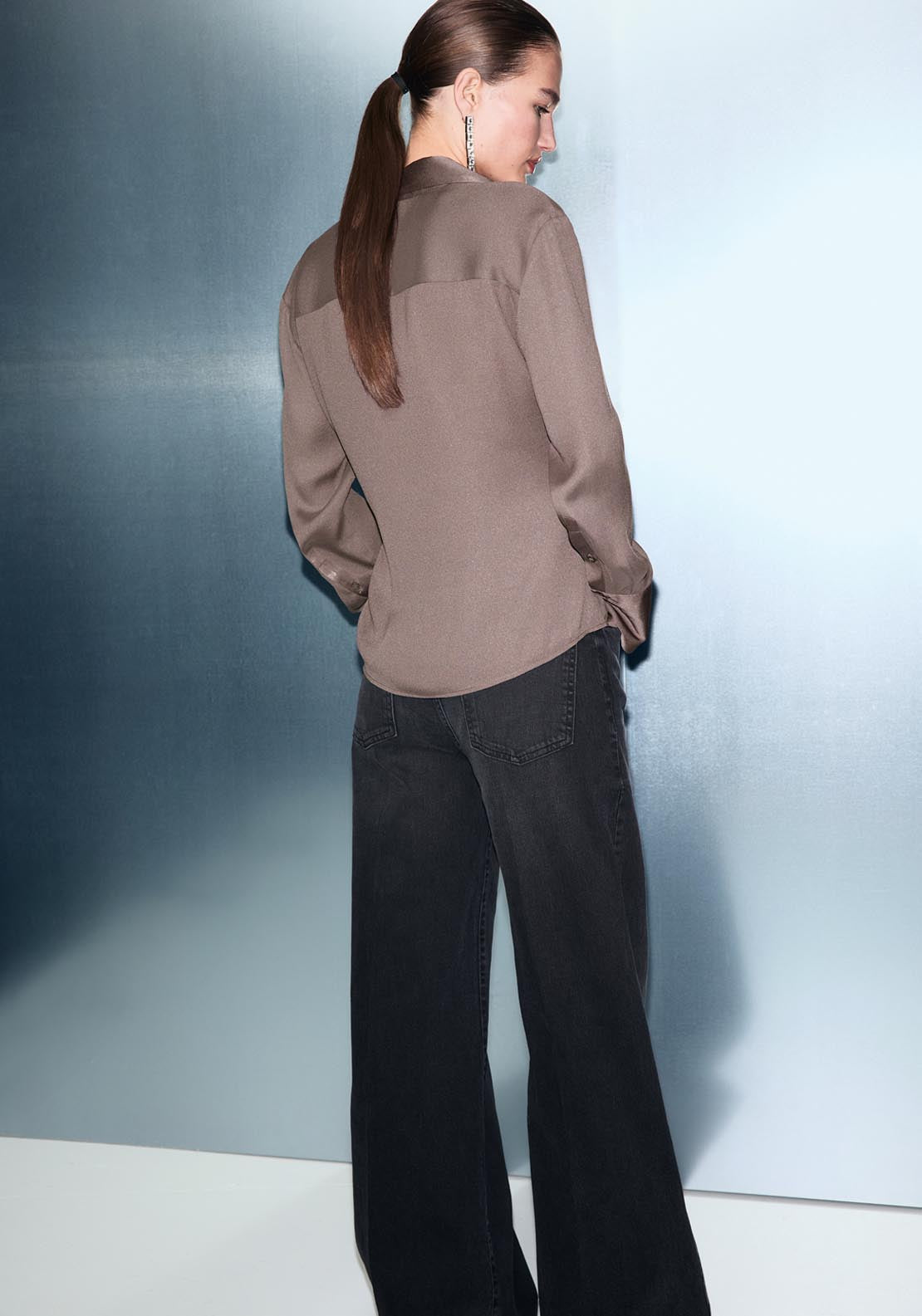 Mango Cross Over Satin Blouse - Brown 2 Shaws Department Stores