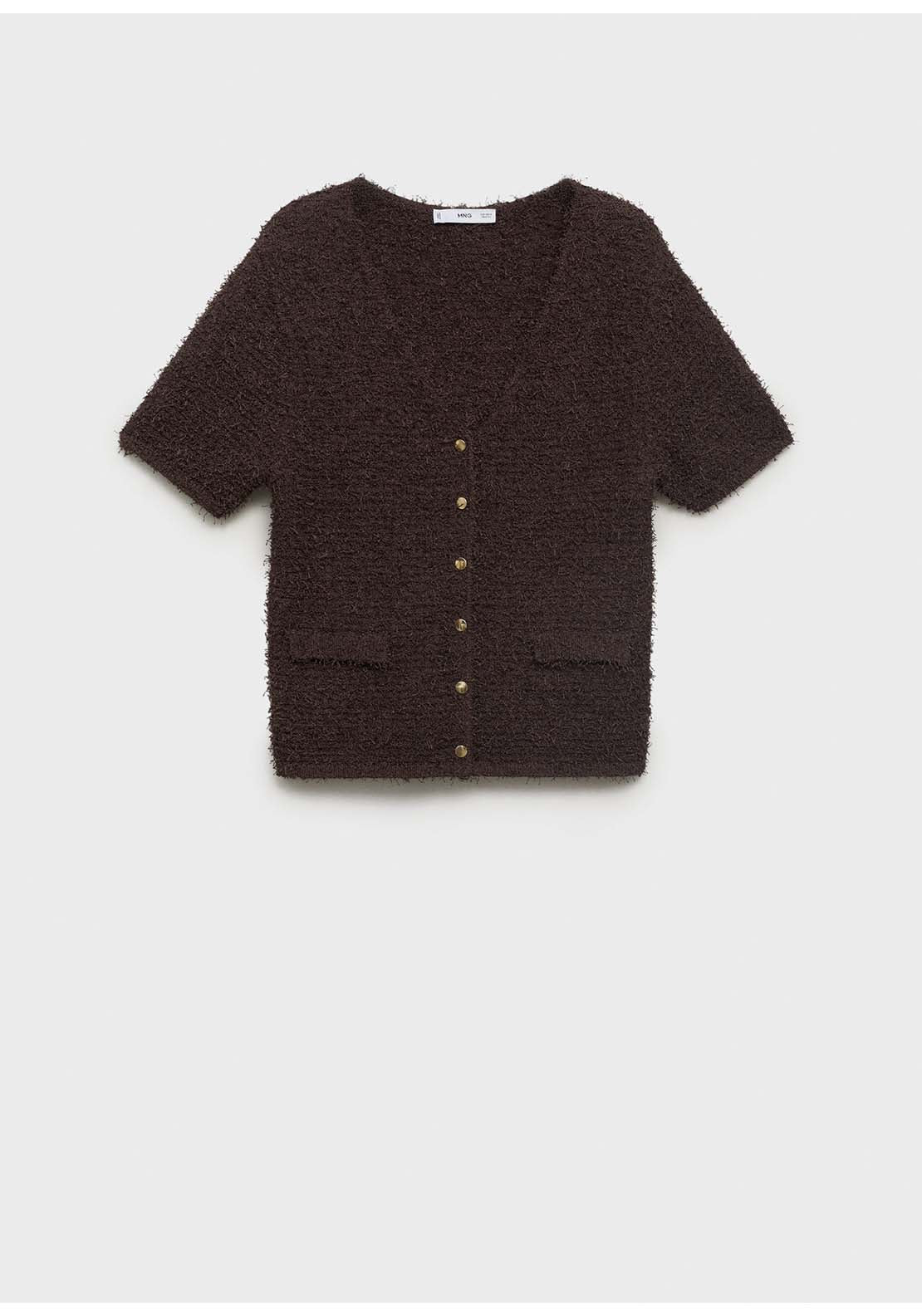 Short Sleeved Bouclé Cardigan - Brown