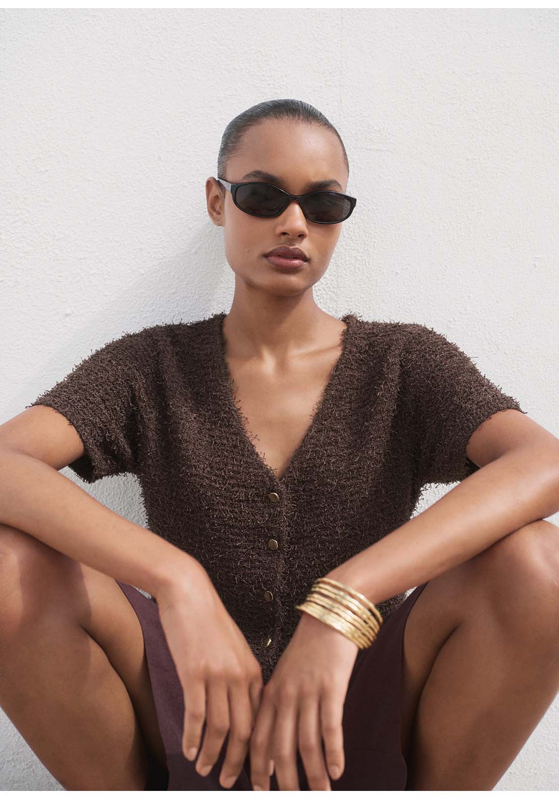 Short Sleeved Bouclé Cardigan - Brown