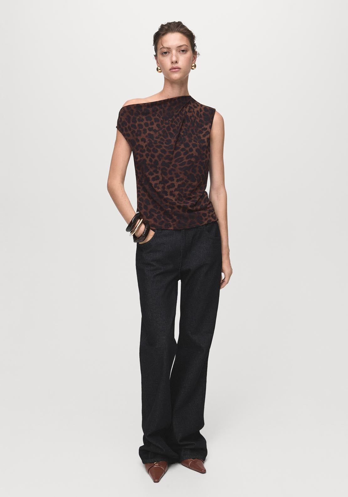 Mango Leopard Print Top With Asymmetrical Collar - Brown 4 Shaws Department Stores