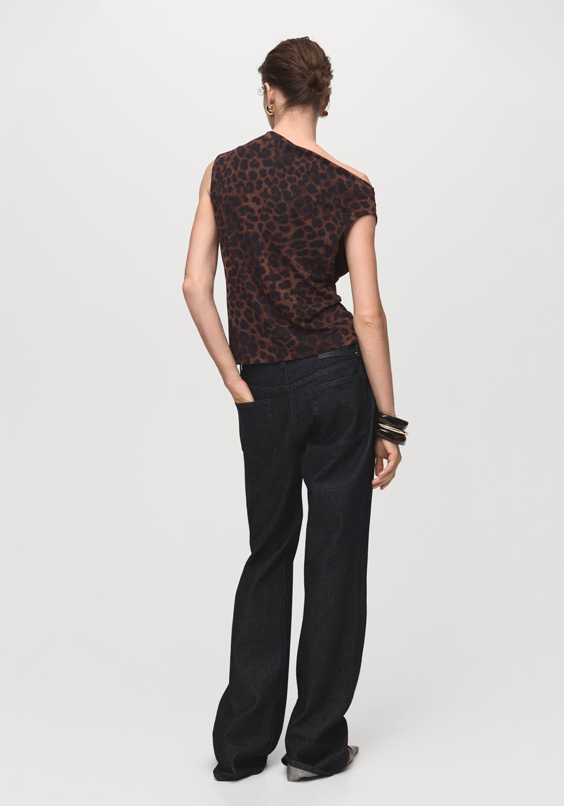 Mango Leopard Print Top With Asymmetrical Collar - Brown 2 Shaws Department Stores