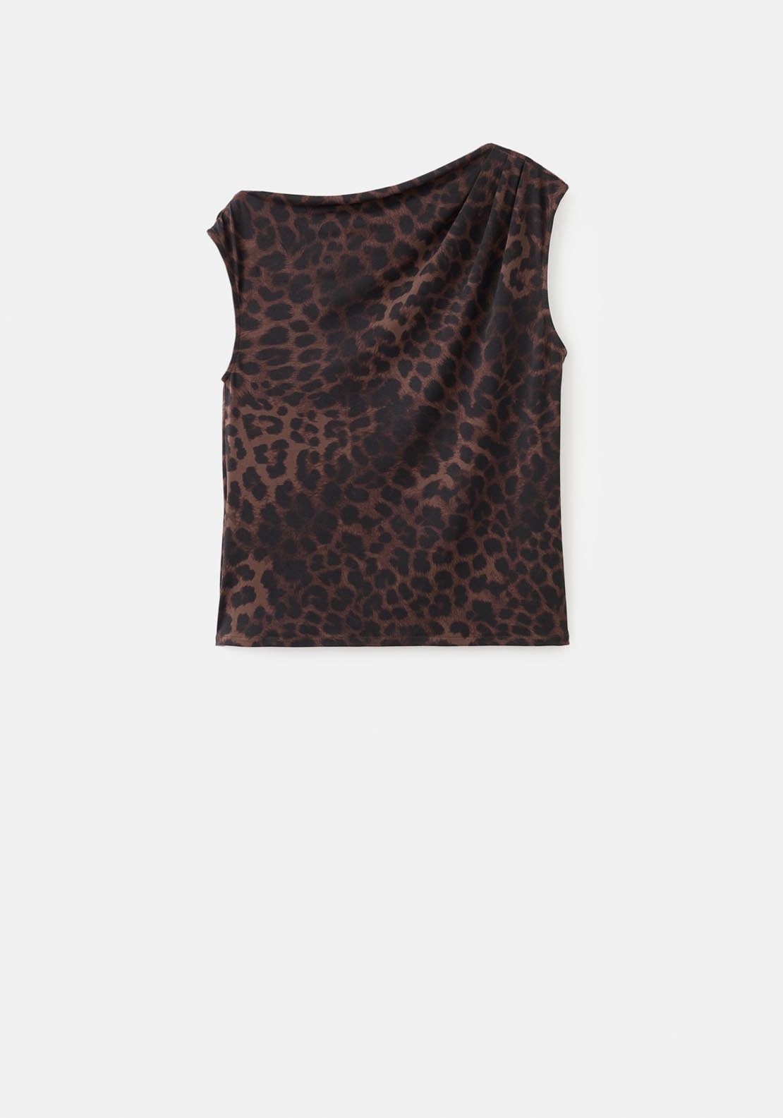 Mango Leopard Print Top With Asymmetrical Collar - Brown 7 Shaws Department Stores