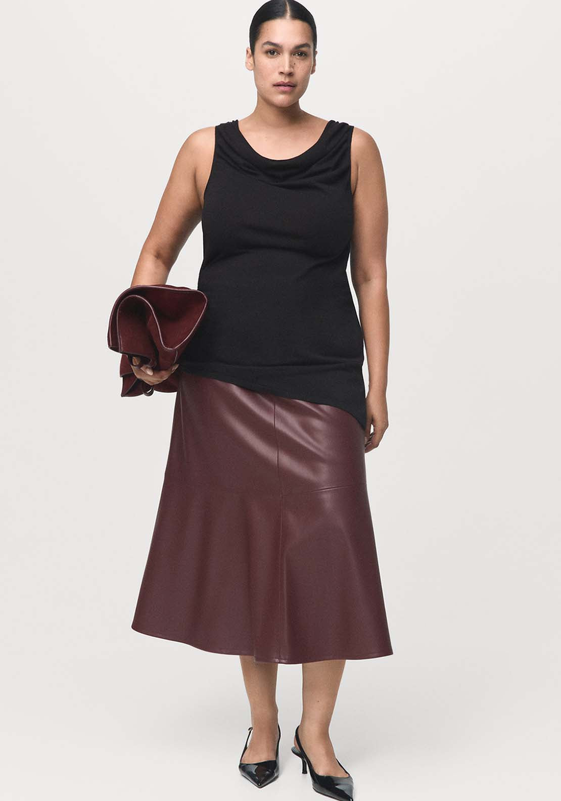 Faux Leather Midi Skirt - Burgundy