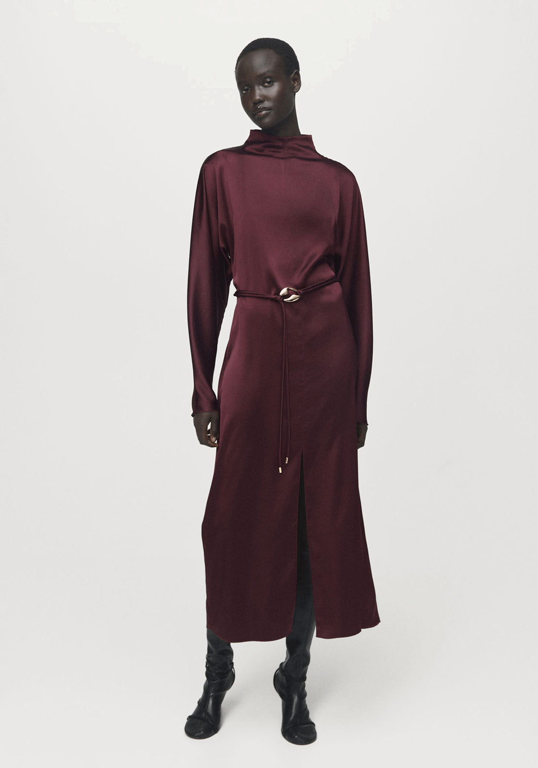 Belt Satin Dress - Red