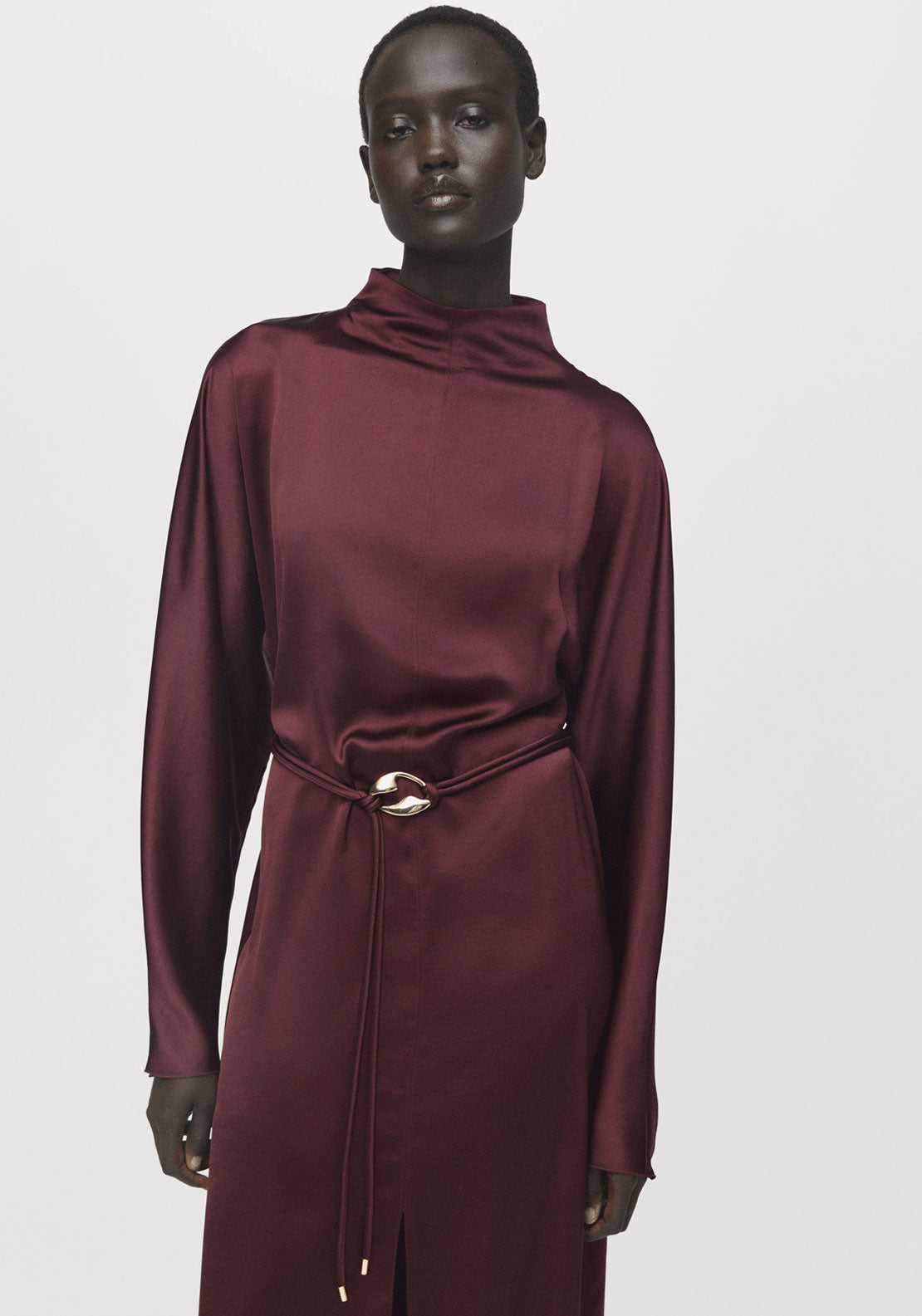 Belt Satin Dress - Red