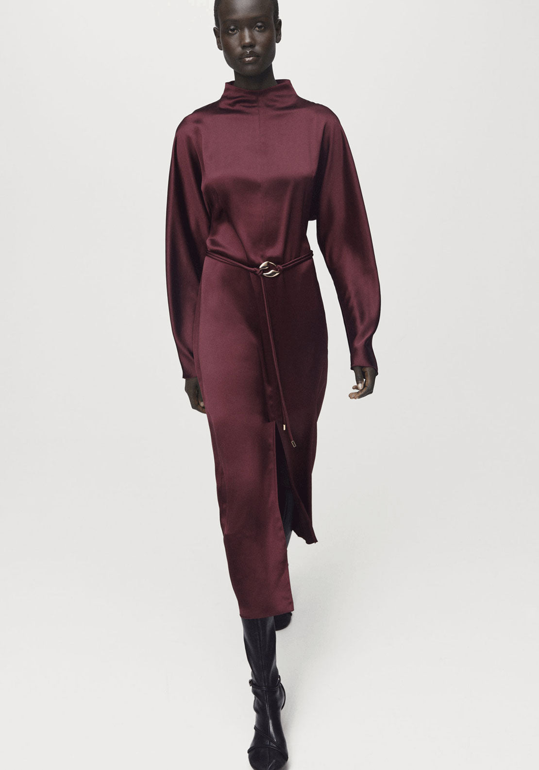Belt Satin Dress - Red