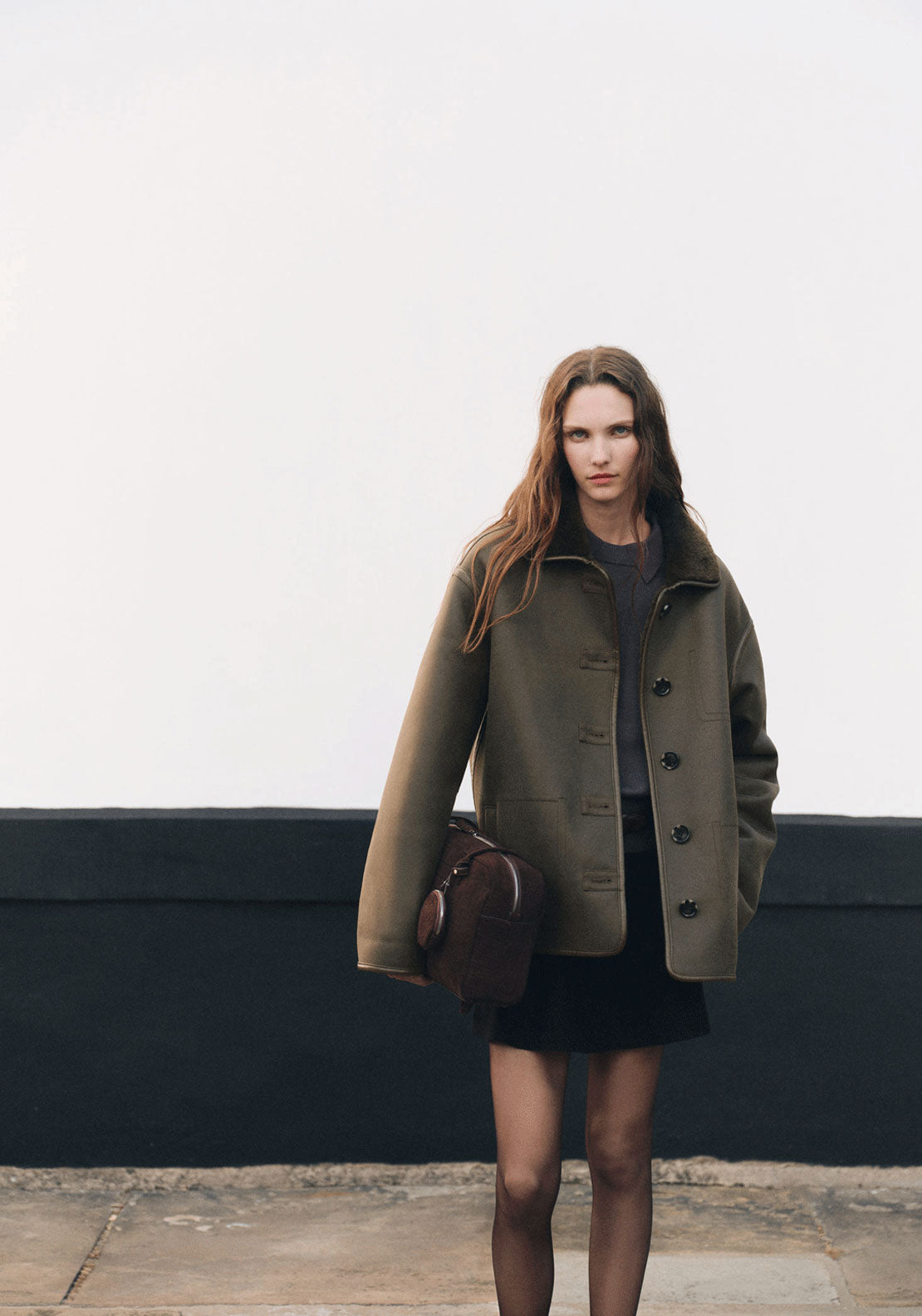 Faux Shearling Leather Effect Coat - Beige / Green