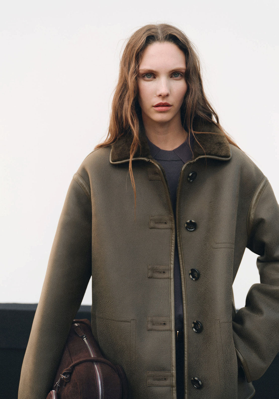 Faux Shearling Leather Effect Coat - Beige / Green