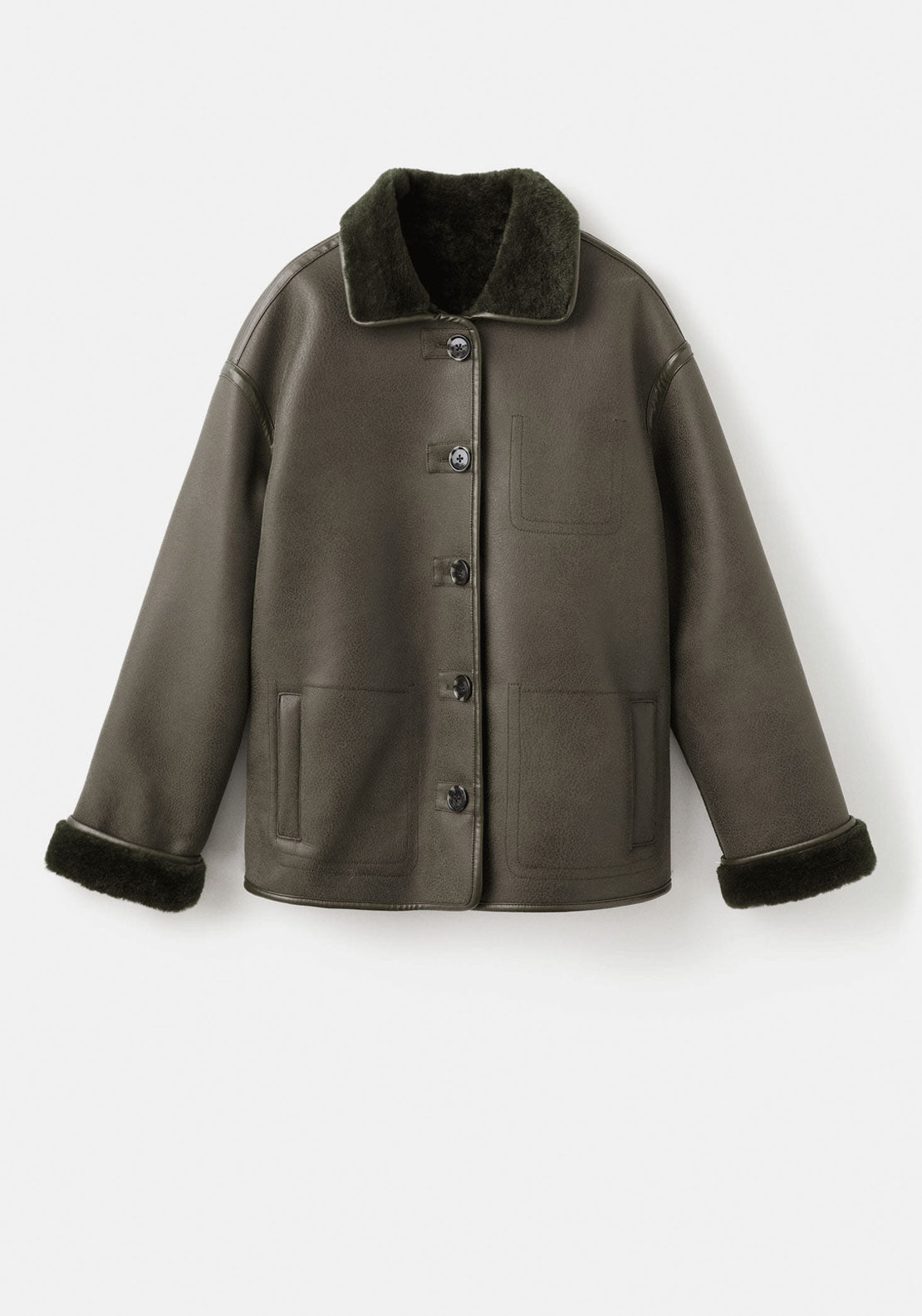 Faux Shearling Leather Effect Coat - Beige / Green