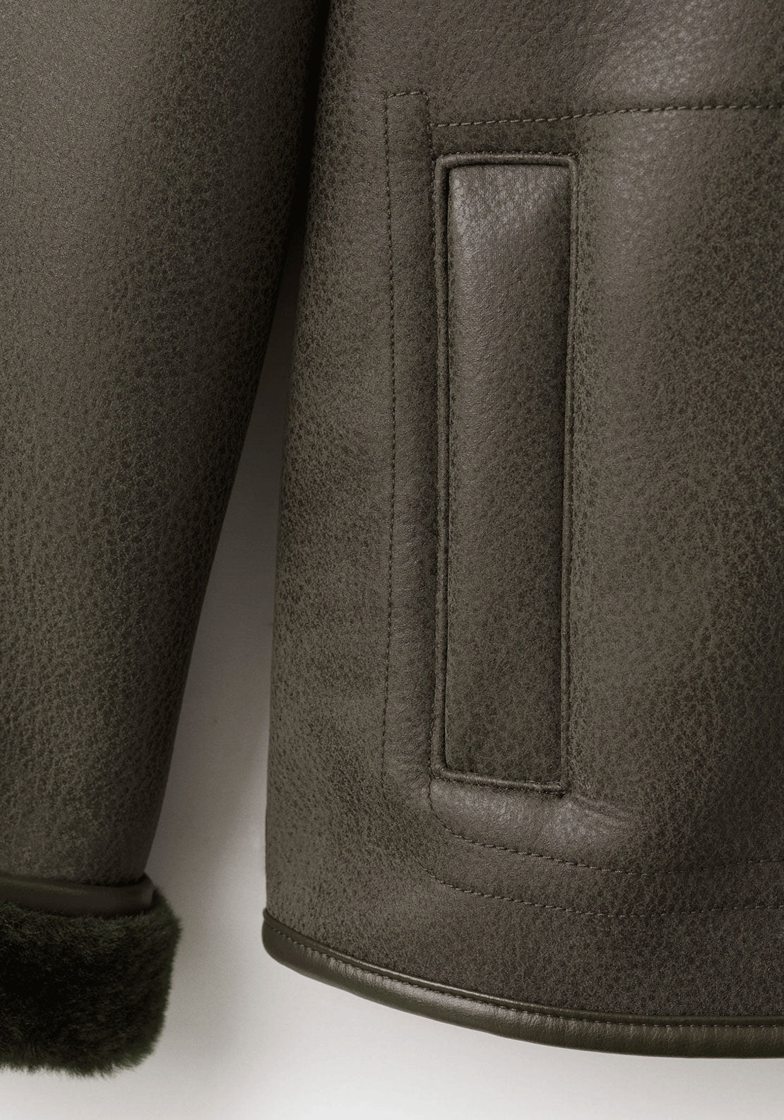 Faux Shearling Leather Effect Coat - Beige / Green
