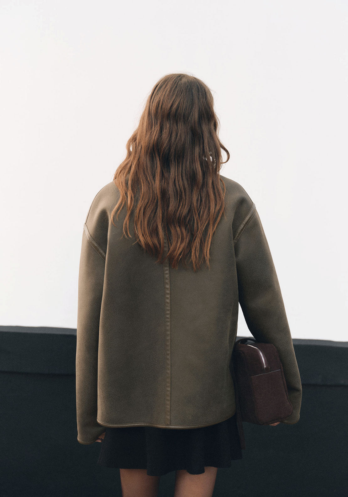 Faux Shearling Leather Effect Coat - Beige / Green