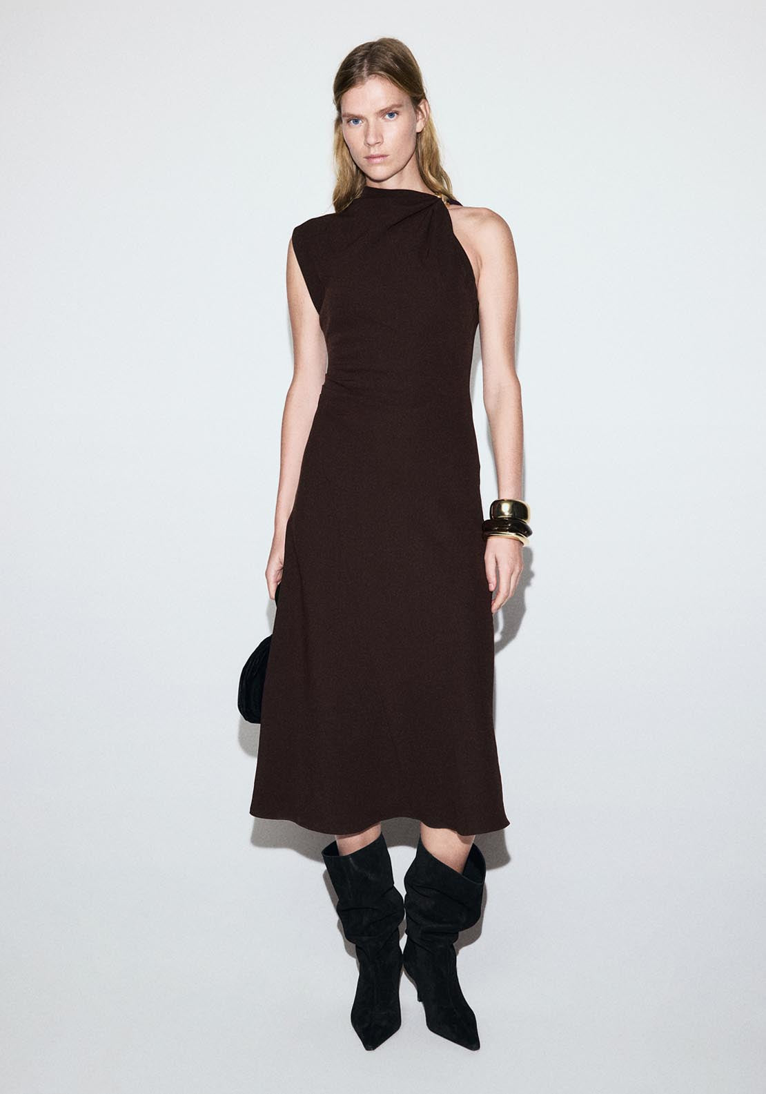 Mango Dress With Asymmetrical Neck And Metallic Detail - Brown 1 Shaws Department Stores