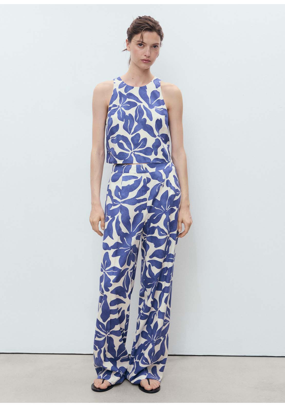 Printed Linen Blend Trousers - Blue