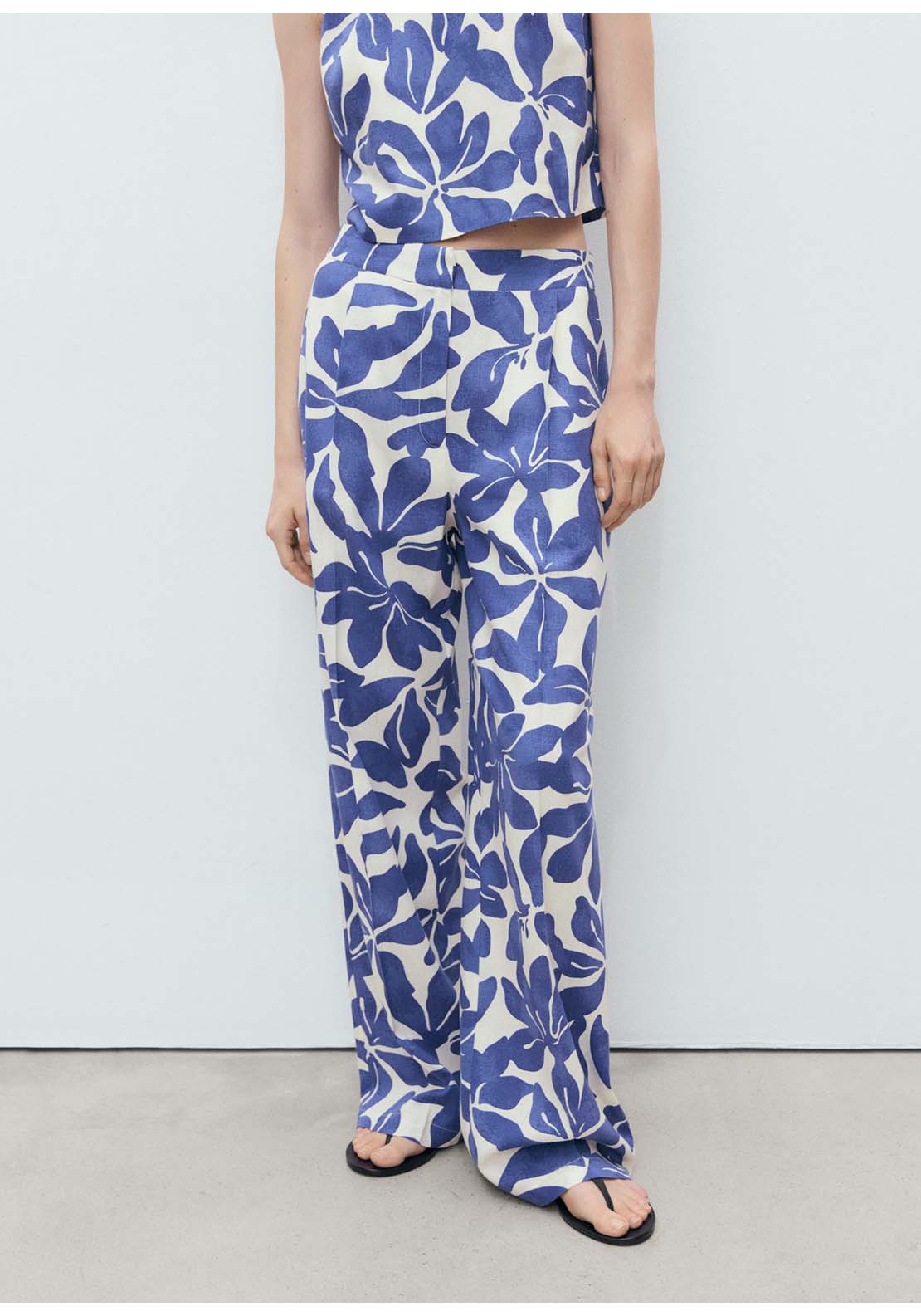 Printed Linen Blend Trousers - Blue