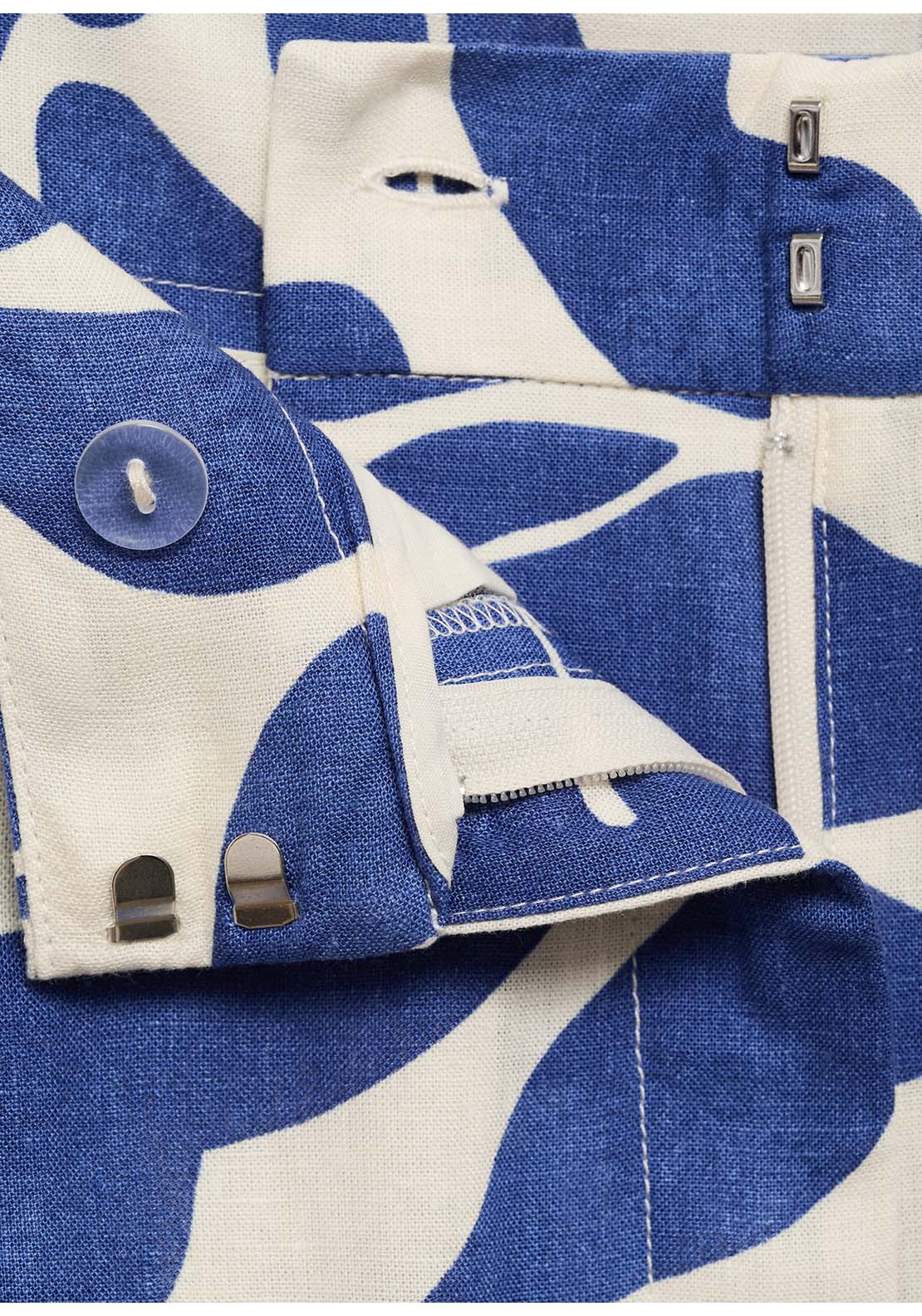 Printed Linen Blend Trousers - Blue