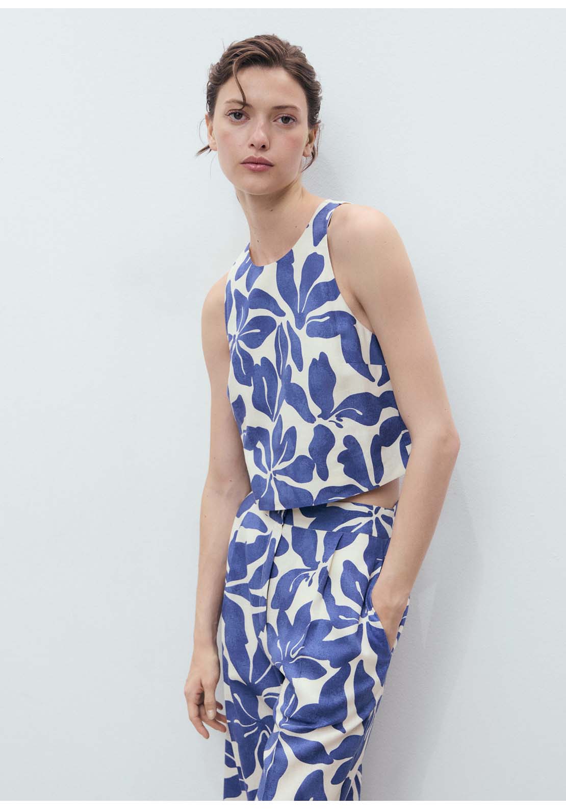 Printed Linen Blend Trousers - Blue