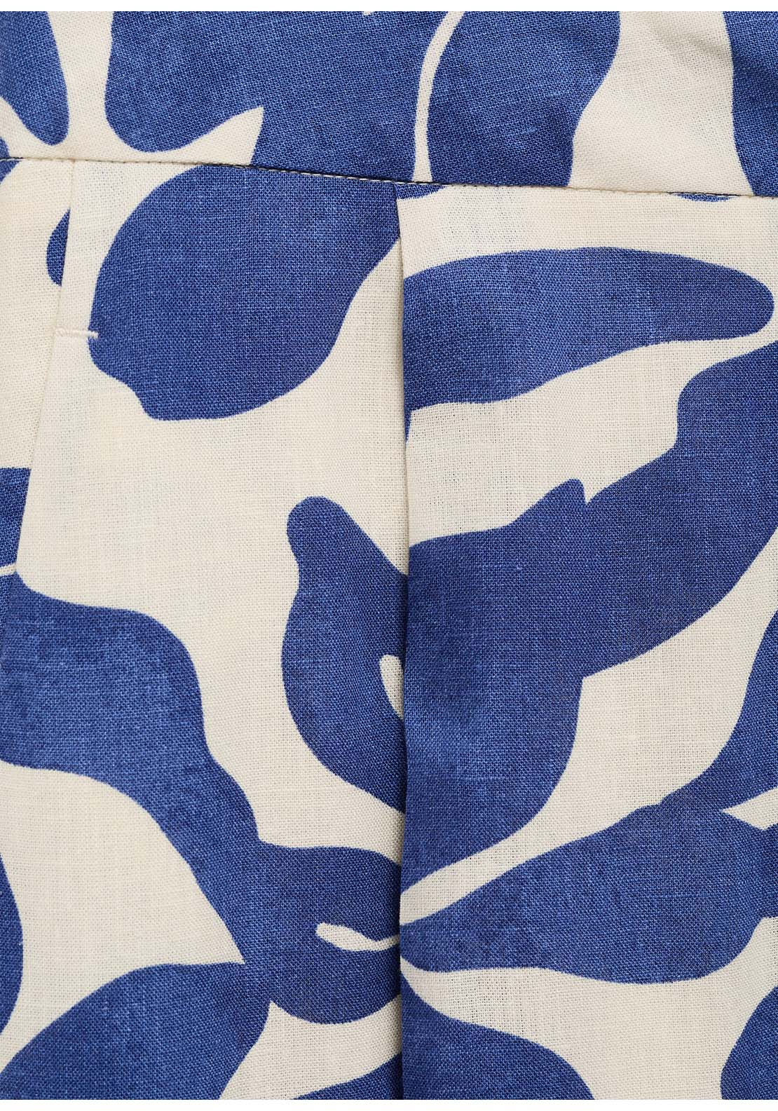 Printed Linen Blend Trousers - Blue