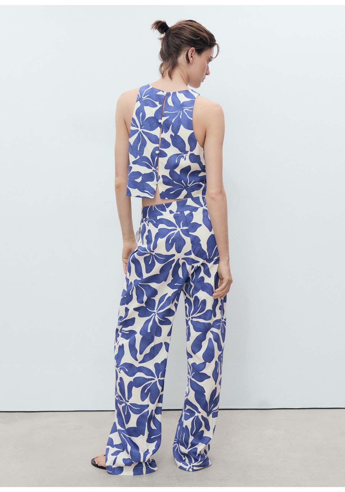 Printed Linen Blend Trousers - Blue
