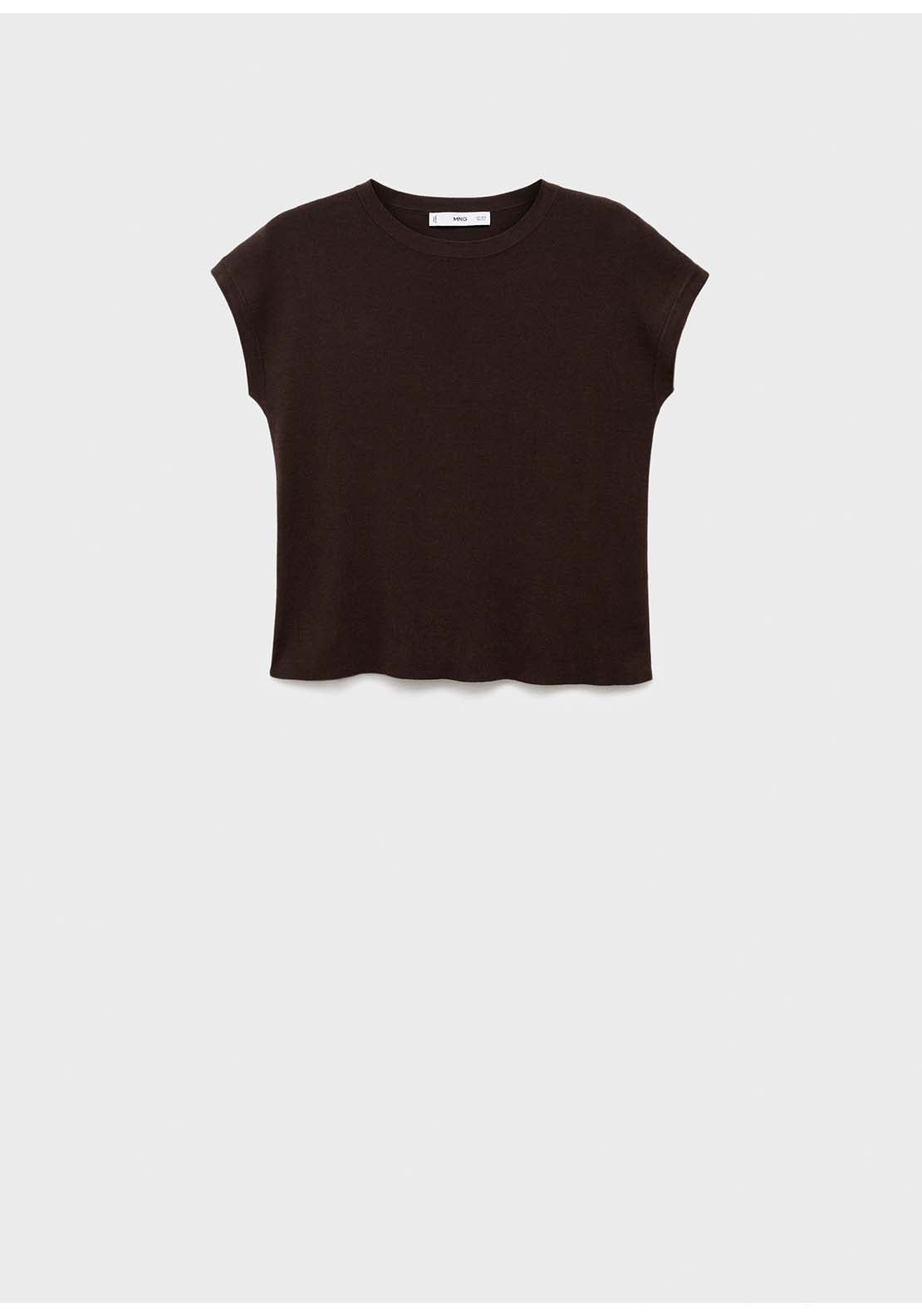 Short-Sleeved Knitted Cotton Sweater - Brown