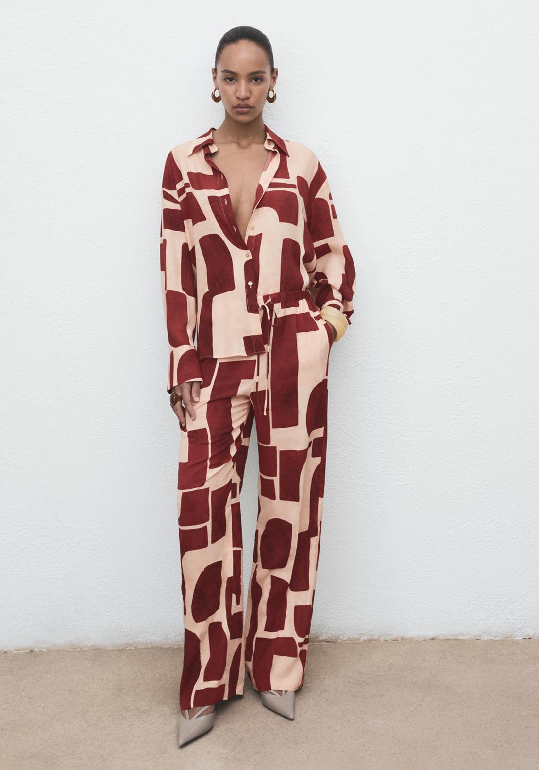 Mango Fluid Trousers With Geometric Pattern - Beige 3 Shaws Department Stores