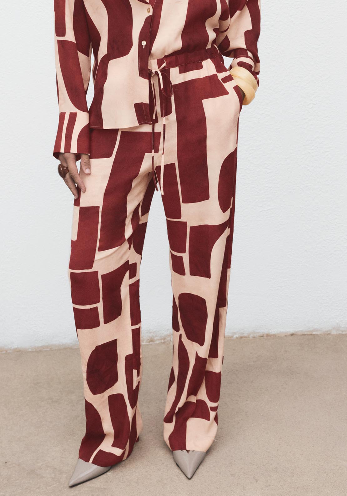 Mango Fluid Trousers With Geometric Pattern - Beige 1 Shaws Department Stores