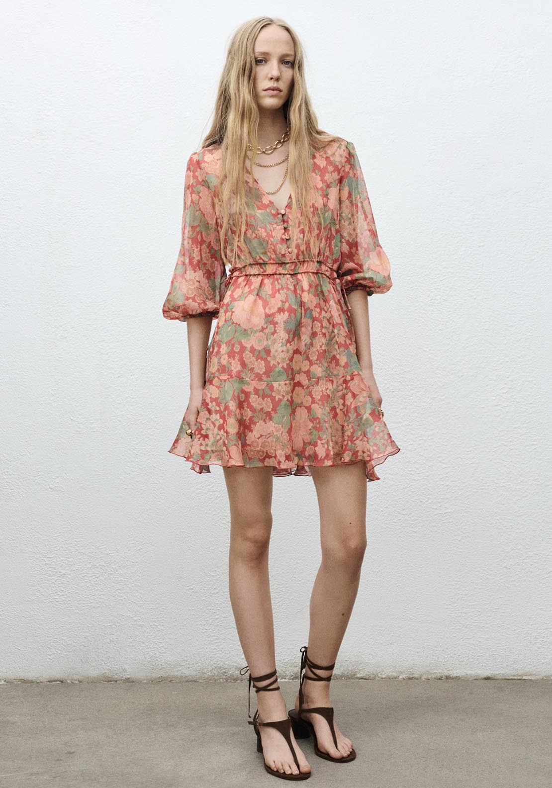 Mango Floral Puff Sleeve Dress - Red 5 Shaws Department Stores