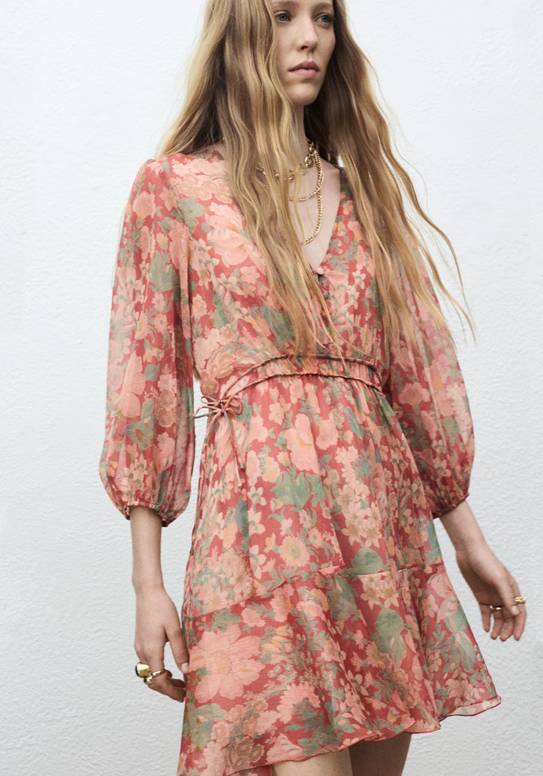Mango Floral Puff Sleeve Dress - Red 1 Shaws Department Stores