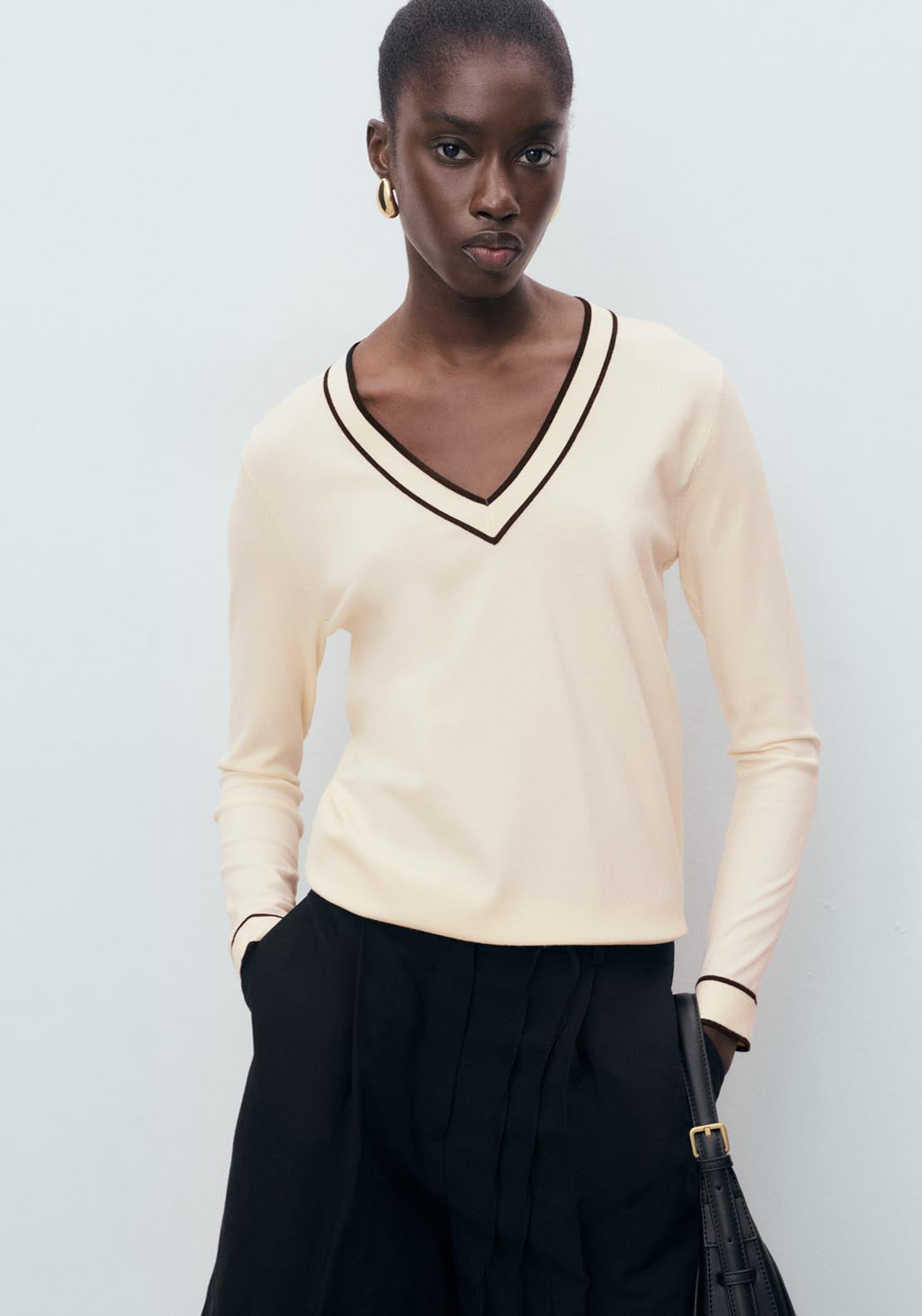 Mango Contrasting V Neck Sweater - Black 1 Shaws Department Stores