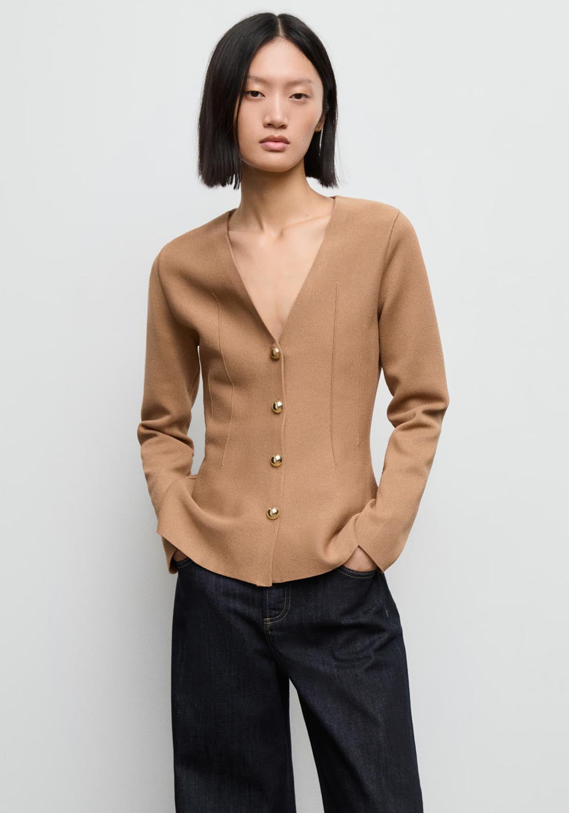 Mango Fitted Buttoned Knit Jacket - Brown 1 Shaws Department Stores