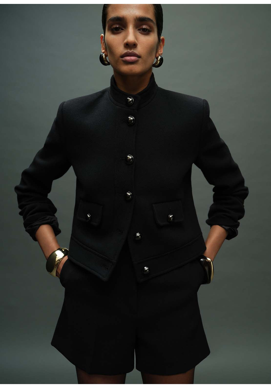 Jacket With Jewel Button Strip Collar - Black