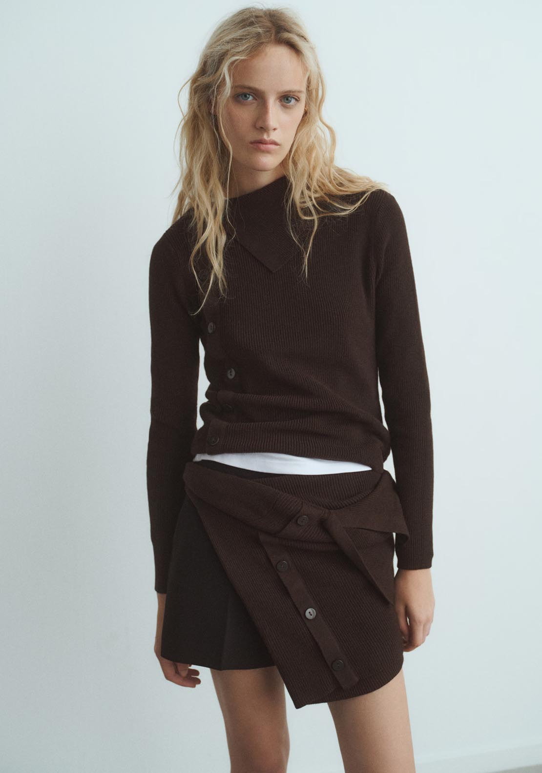 Mango Asymmetrical Neck Sweater With Buttons - Chocolate Brown 1 Shaws Department Stores