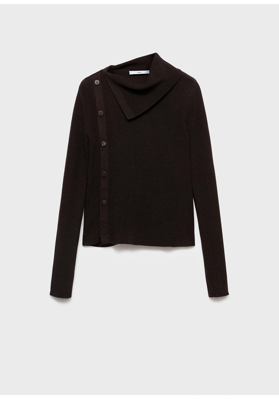 Asymmetrical Neck Sweater With Buttons - Brown